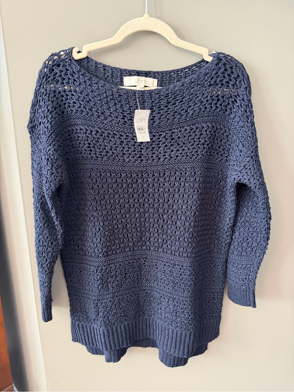 LOFT Navy Open-Knit Boatneck Sweater. Size Small - Picture 2 of 8